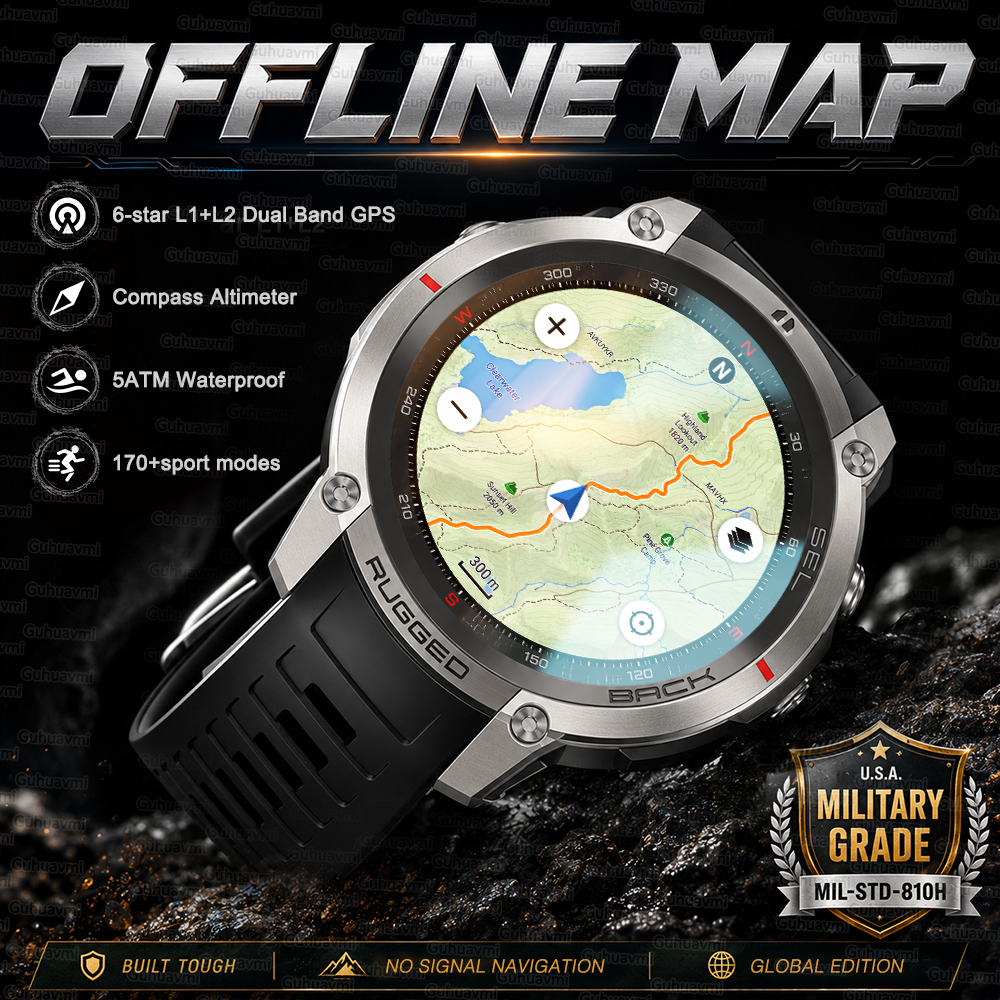 Smartwatch Rugged Watches For Men - NEW Rugged Military GPS Offline Map