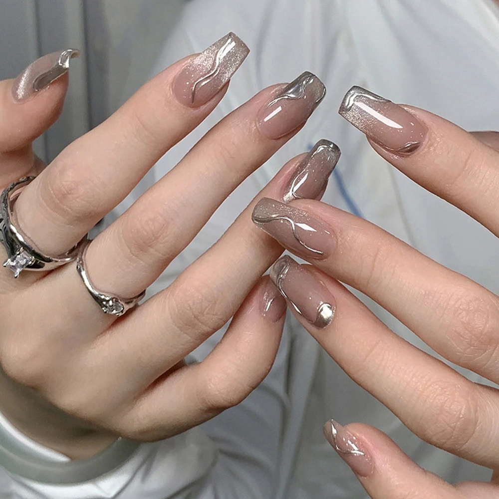 Crystal Press Tool - 24pcs False Nails for Women Silver