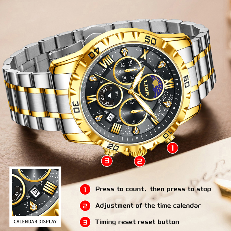 LIGE Top Brand Luxury Quartz M - Chronograph Sport Watch บทวิจารณ์และราคา